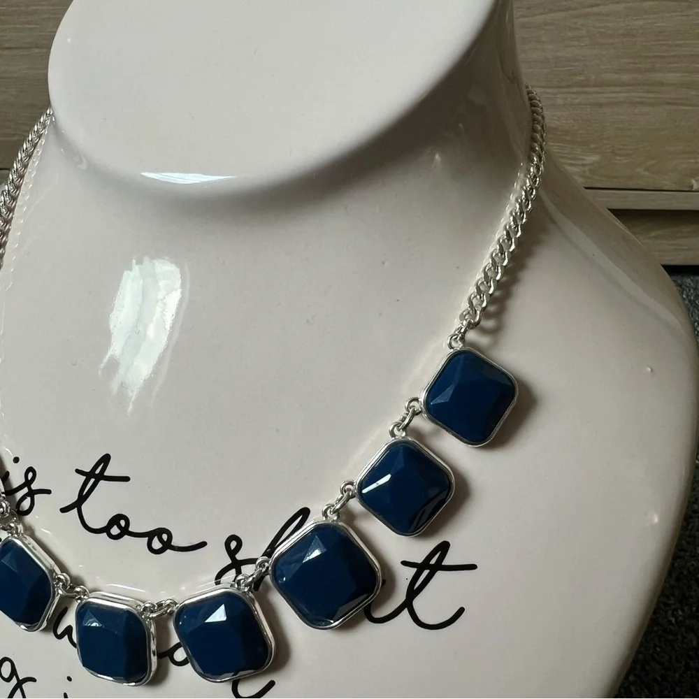 Vintage 2010s Square Cut Navy Blue Stone Bezel Facets Silver Statement Necklace